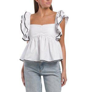 US TOGETHER White Ric Rac Trim Babydoll Blouse